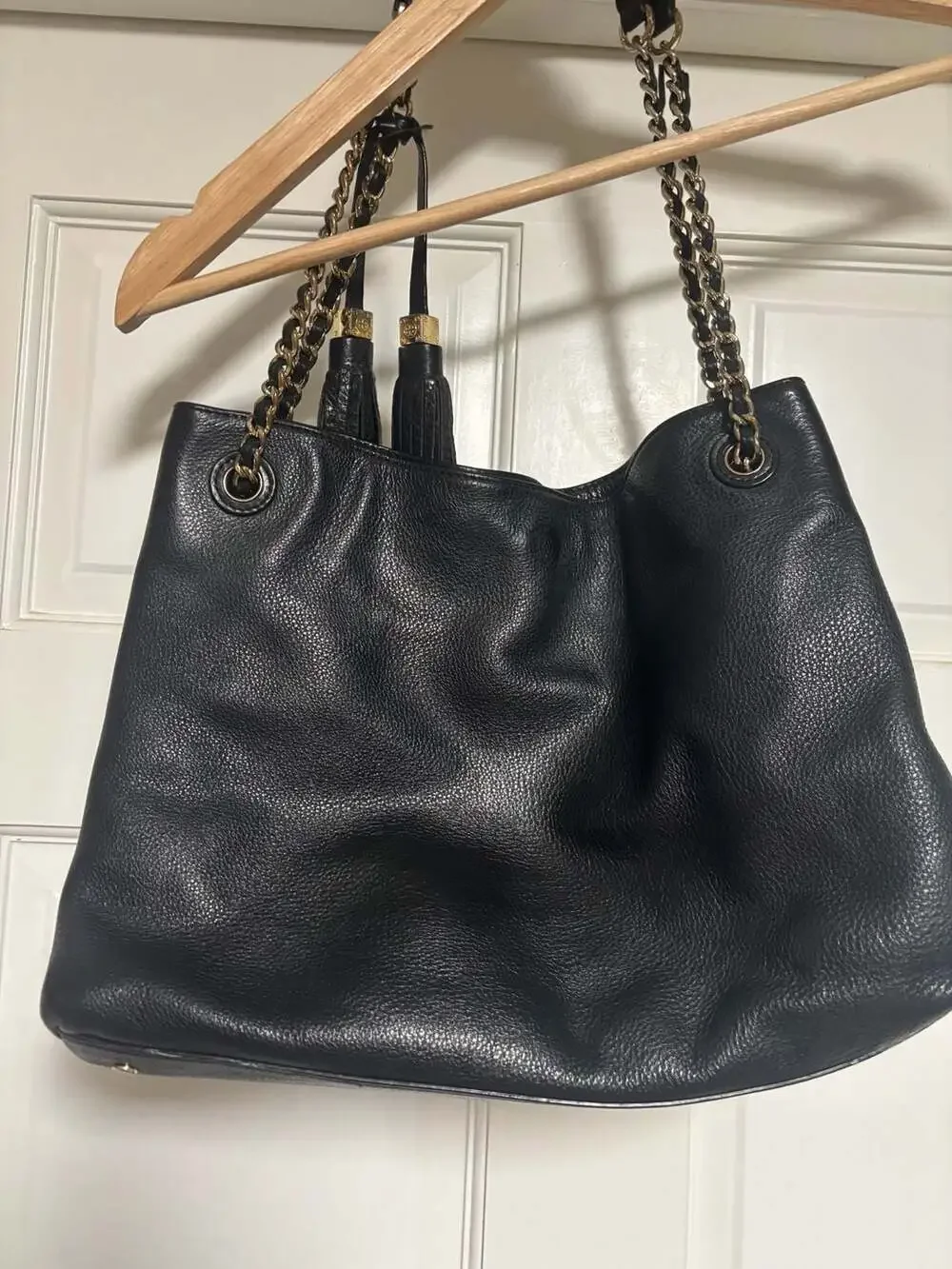 Tory Burch Thea Black Pebble Leather Chain Shoulder Tote with Tassels